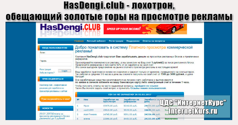 *Лохотрон* Компания HasDengi.club. Отзыв на сервис платного просмотра рекламы